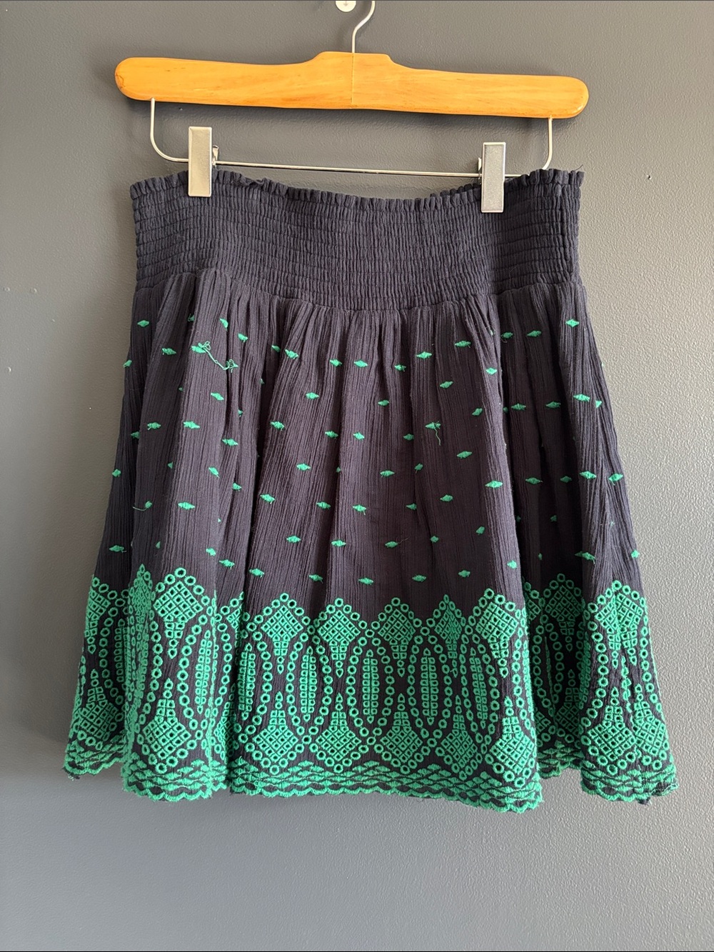J. Crew Navy Skirt with Green Embroidered Border